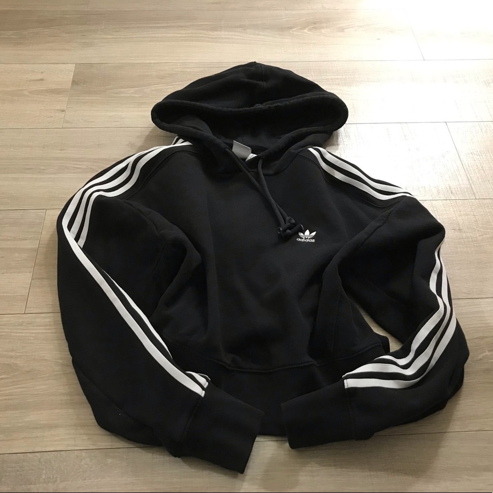 Adidas Black Striped Cropped Terry Hoodie